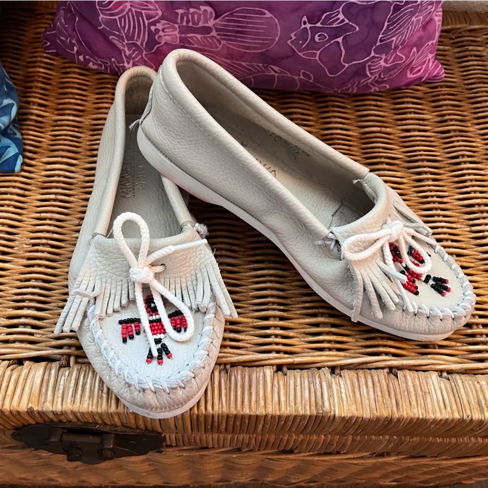 Women's White Moccasins with Red Accents